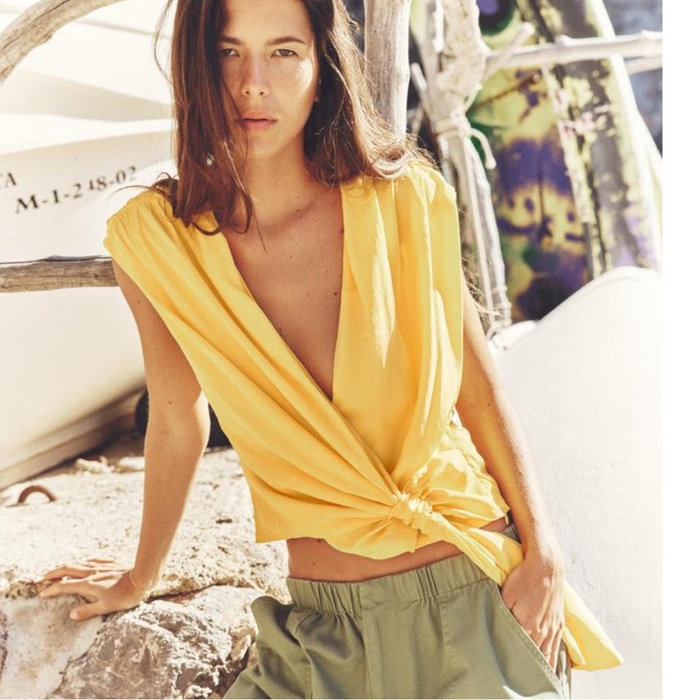 Vibrant marigold Yellow Cap Sleeve Wrap Blouse Zara tiny holes from pin closed